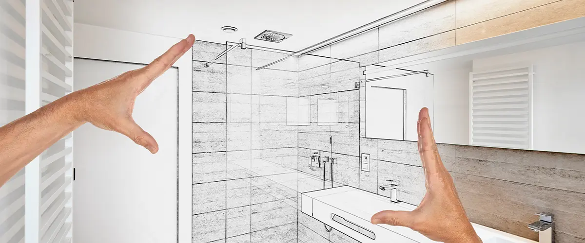 Envisioning a bathroom remodel with a blend of 3D rendering and hand-drawn sketch for a modern shower design.