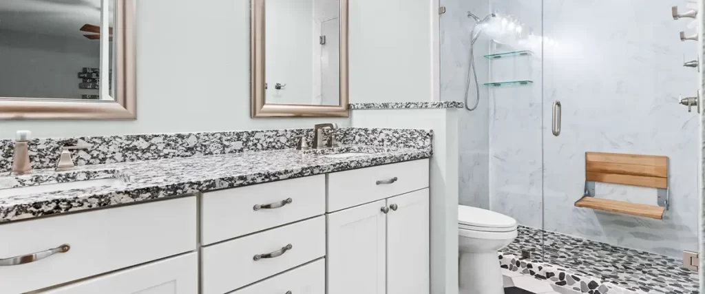 Senior-friendly bathroom remodel with a large shower, built-in bench, and slip-resistant flooring.