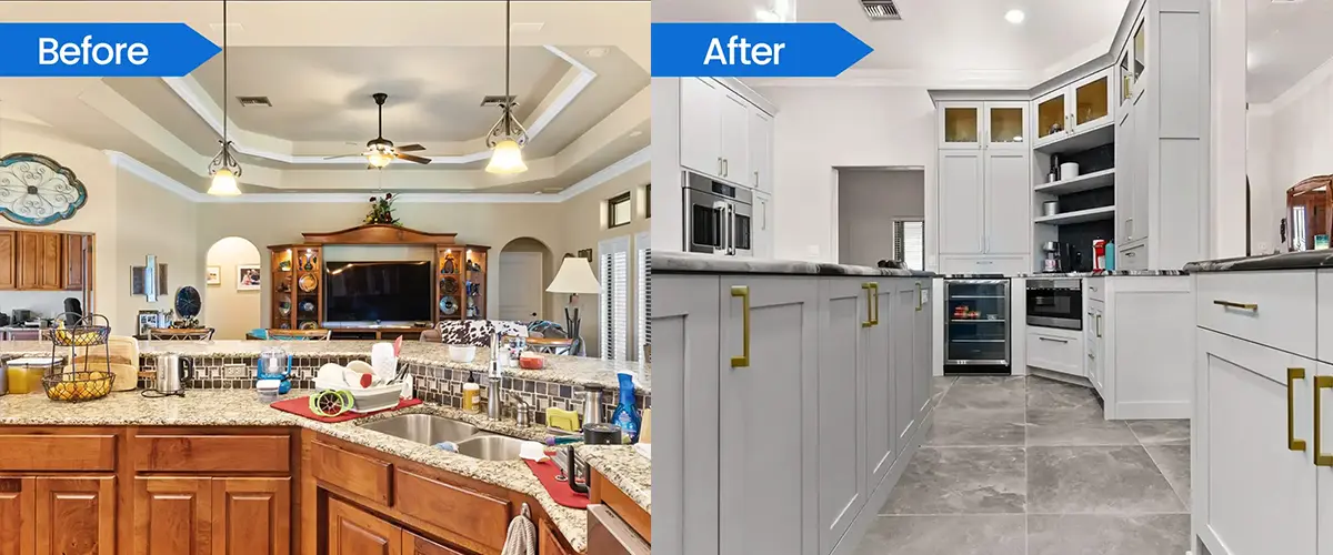 Before and after kitchen remodel transformation featuring a shift from traditional wood cabinetry to modern white cabinets with gold handles.