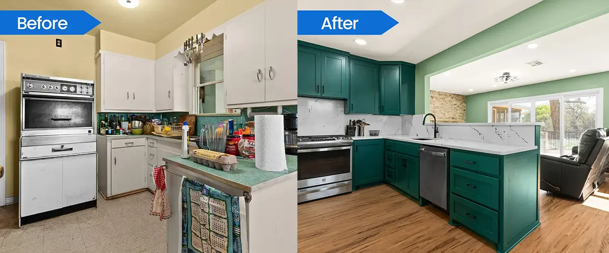 Side-by-side before and after kitchen remodel, upgrading outdated white cabinets to modern green cabinetry with marble countertops.