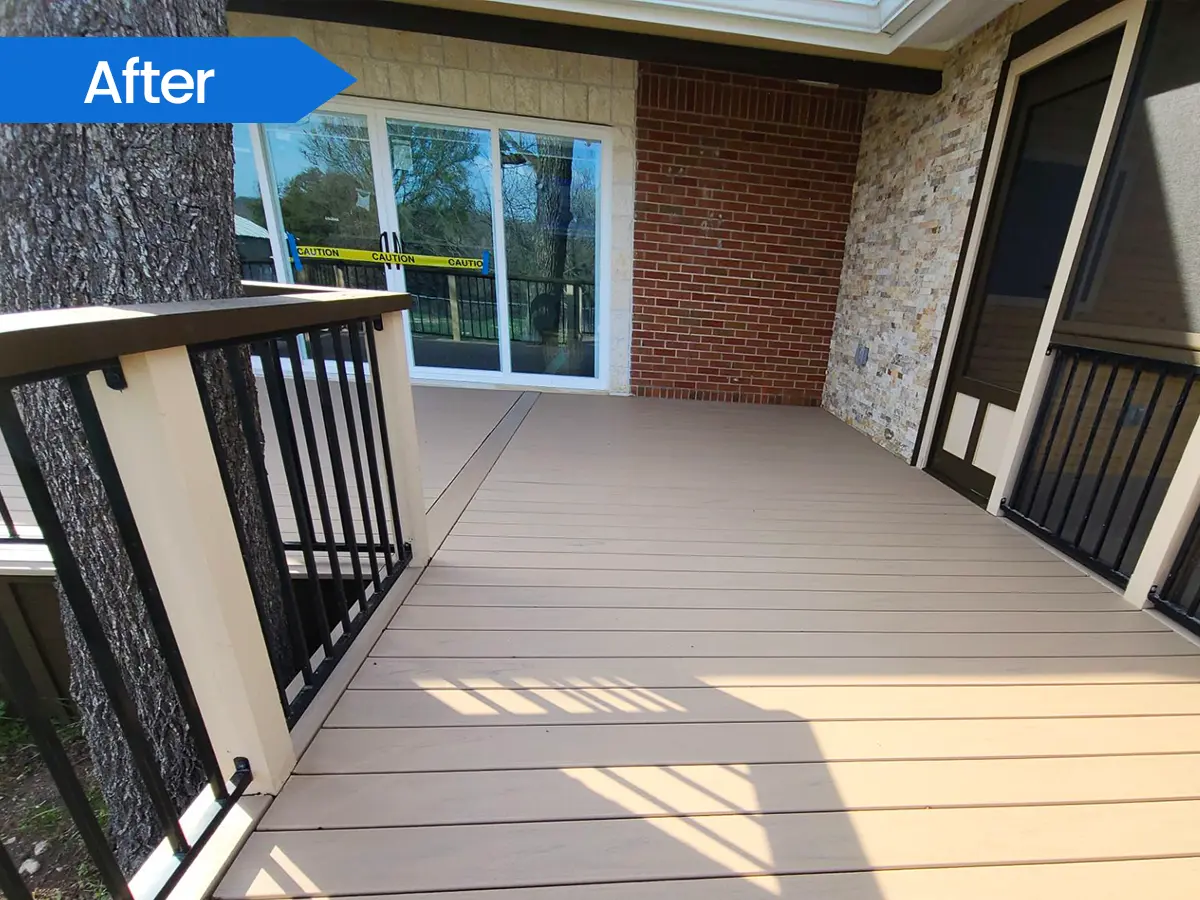Cozy back deck with composite flooring and metal railings for a modern outdoor space.