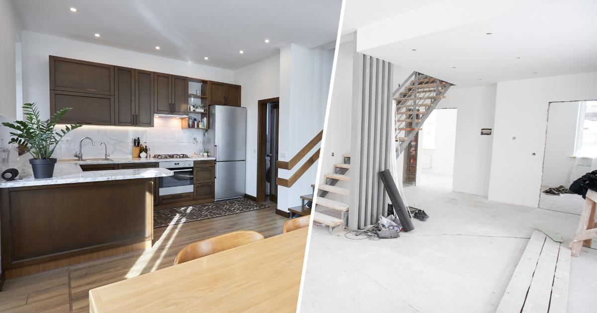 Before and after renovation view of a modern home interior, highlighting the transformation from construction to a finished living space.