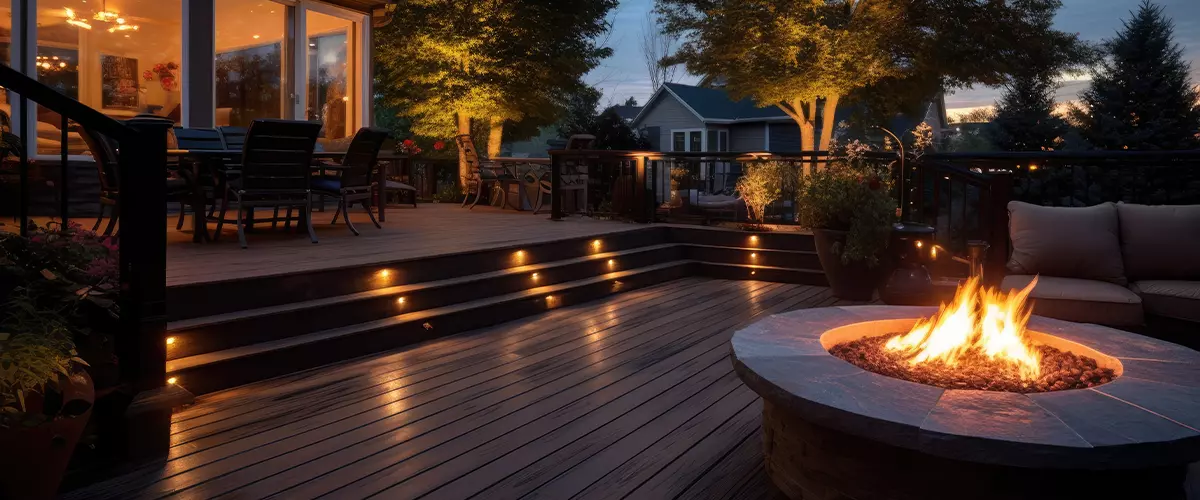 Elevated deck with built-in lighting and a fire pit
