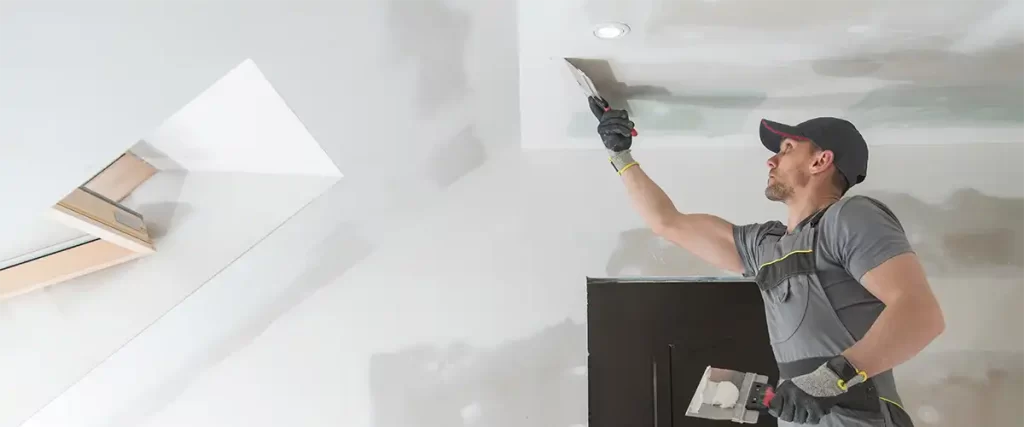 Contractor applying plaster to a ceiling during home remodel