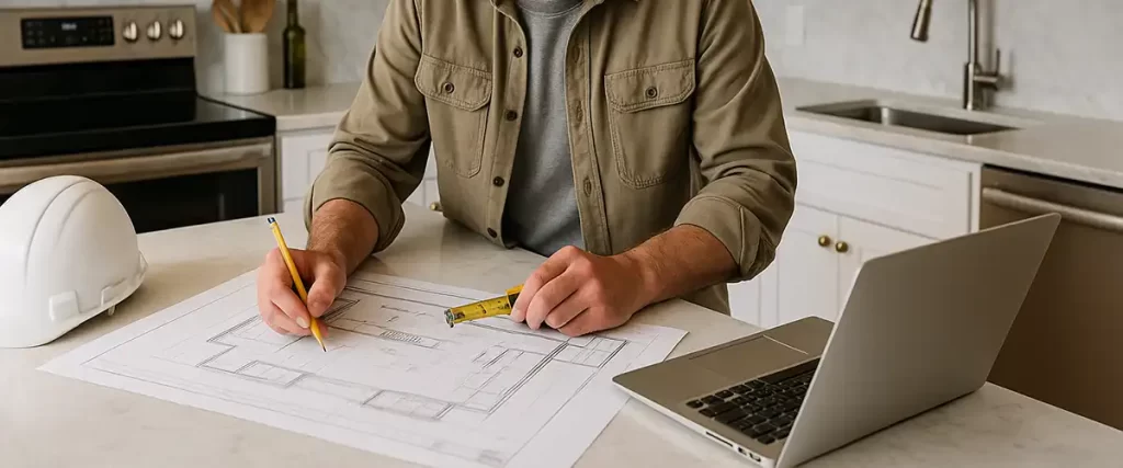 Kitchen remodeler working on kitchen layout plans