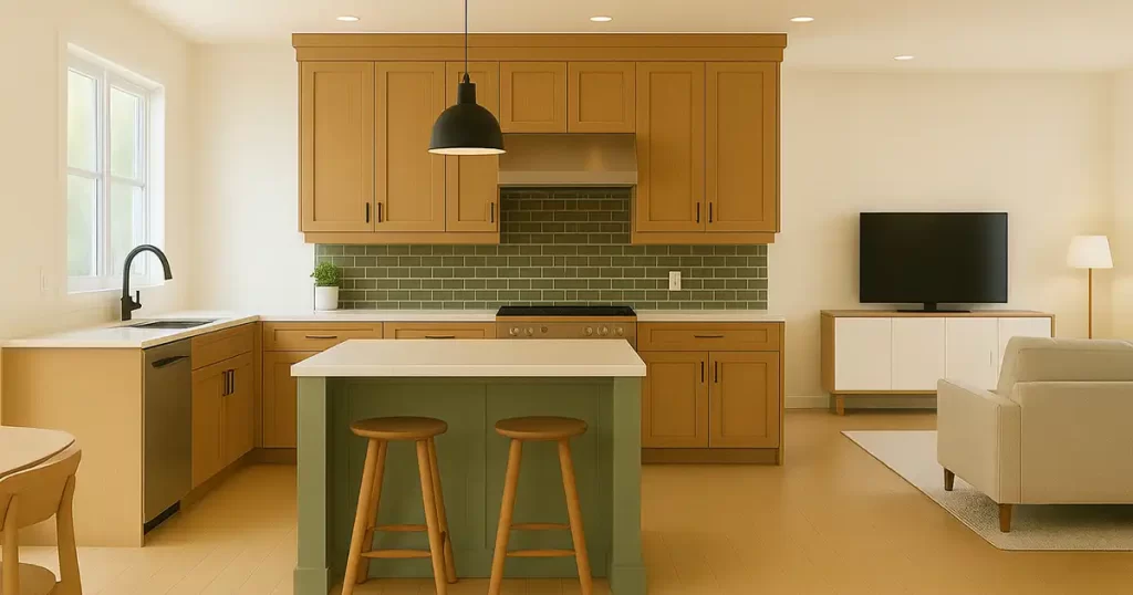 Contemporary open kitchen island seating green tile backsplash