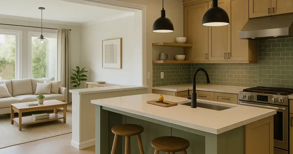 Hybrid kitchen island wood cabinets open living space