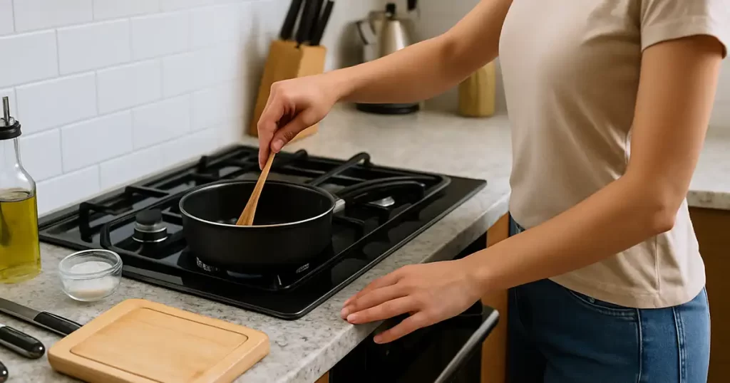 Cooking on a cooktop set at counter height for ergonomic comfort