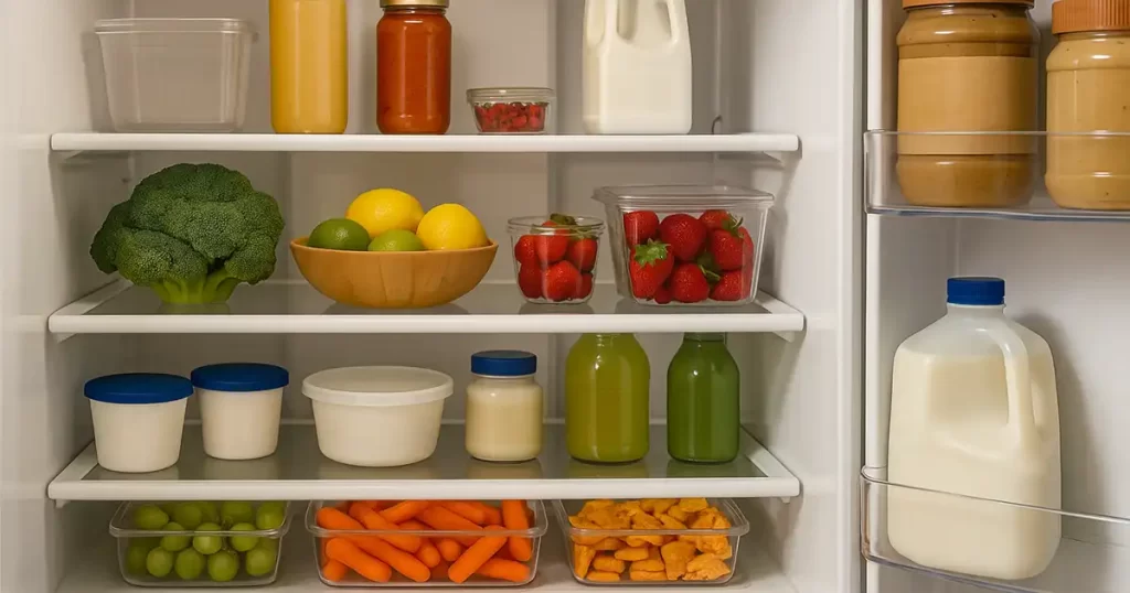 Organized refrigerator with fresh produce and drinks