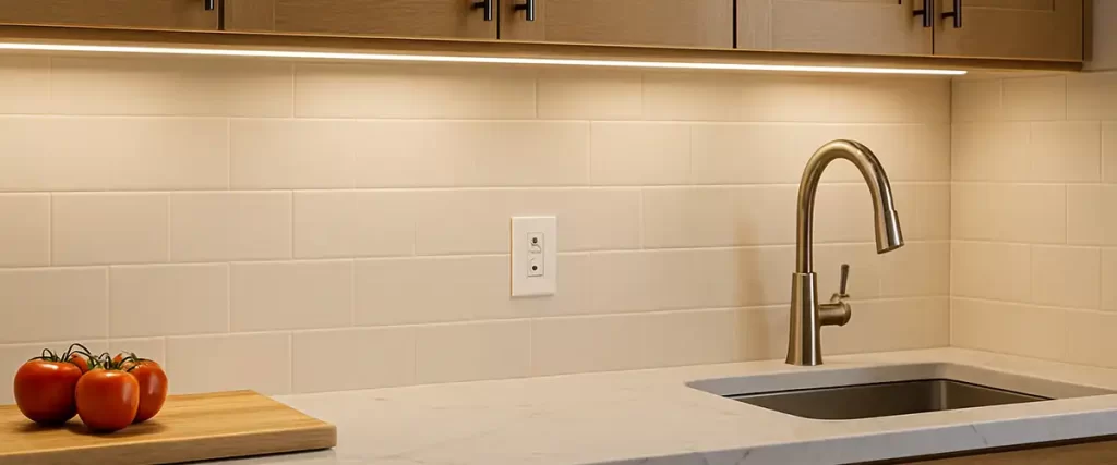 Kitchen sink area with sleek under-cabinet light strip