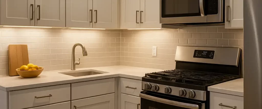 Modern kitchen with under-cabinet lighting above sink and stove