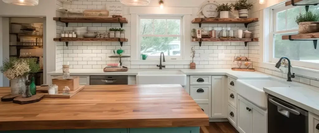 A bright farmhouse kitchen featuring white subway tile backsplash, open wood shelving, and a large butcher block island with a white farmhouse sink.