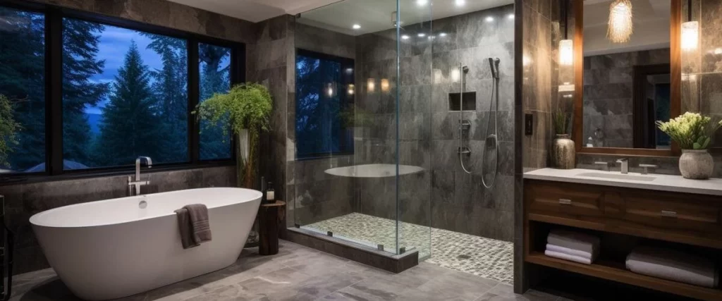 A luxury master bathroom with dark gray tile, featuring a freestanding soaking tub beneath a large window, next to a glass-enclosed walk-in shower with pebble flooring.