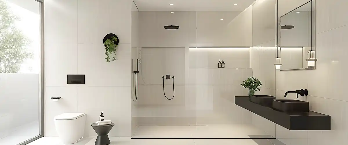 Modern walk-in shower with black fixtures and double vanity