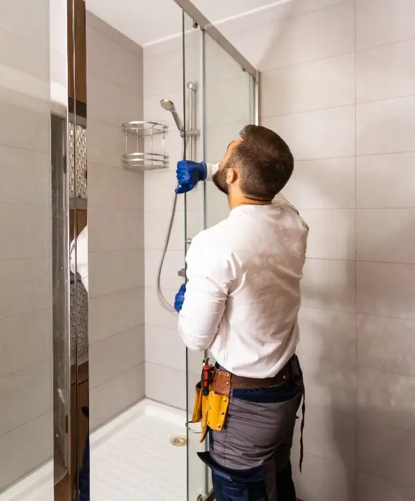 A man in a white shirt and blue gloves checking on a walk-in shower