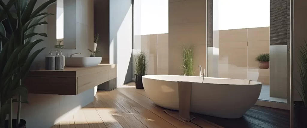 A modern bathroom featuring a large tub and a window that lets in natural light.