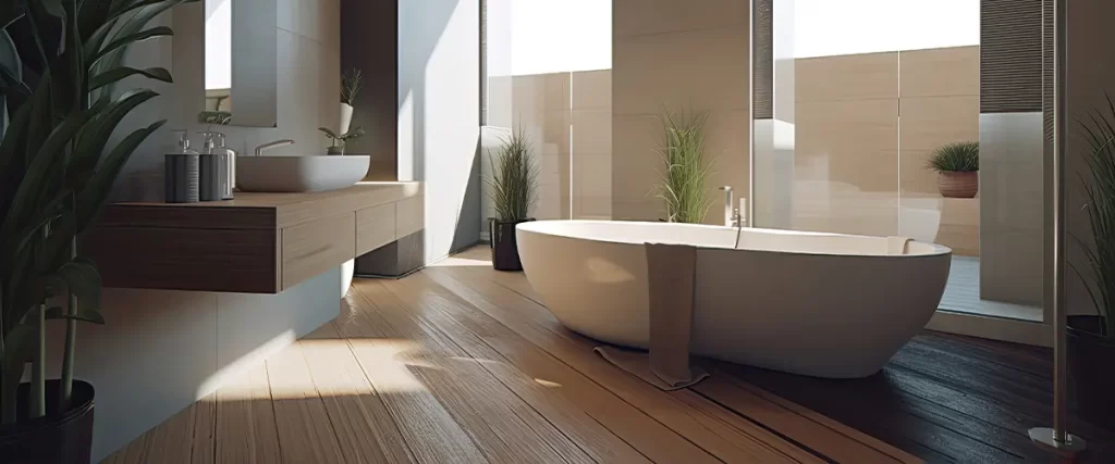 Contemporary bathroom featuring a large oval freestanding tub, a floating wooden vanity, and wood-look flooring, decorated with tall indoor plants.