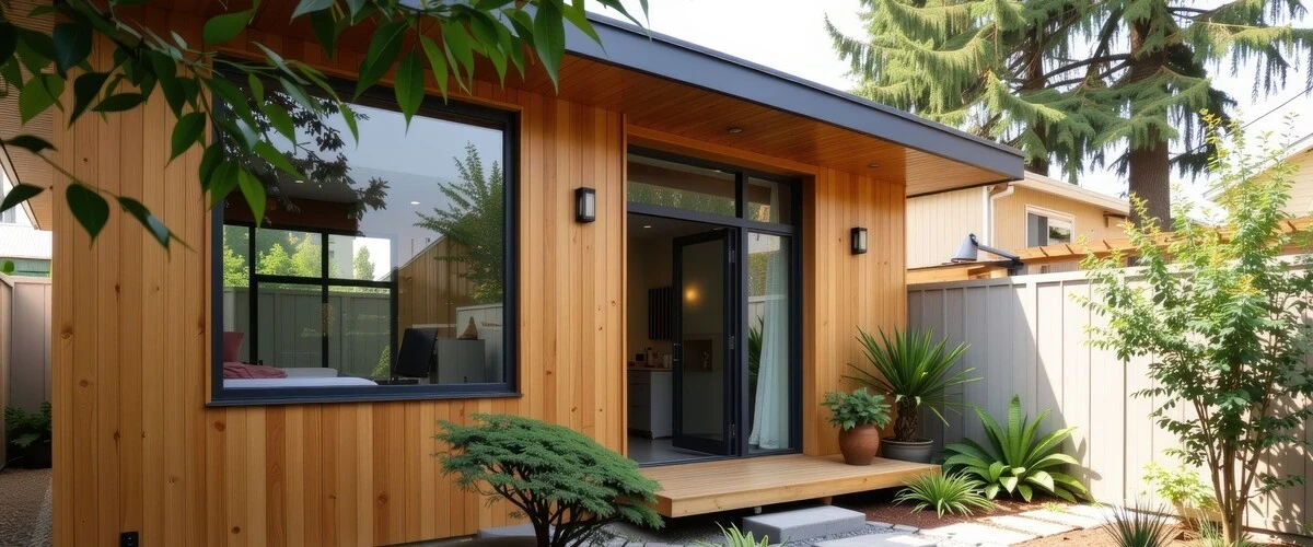 A luxury in-law suite with vertical cedar wood siding and large black-framed windows, featuring a minimalist garden and a small wooden porch area.