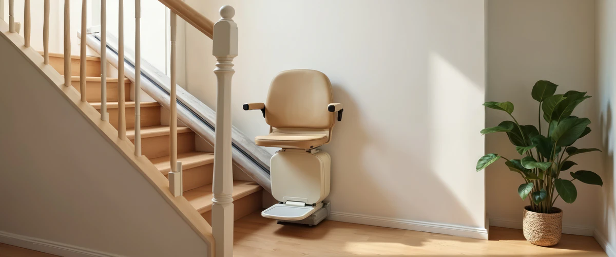 A modern cream-colored motorized stair lift installed on a wooden staircase in a bright home to provide senior and disabled accessiility between floors.