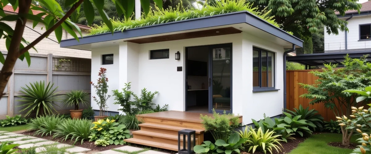 A small, modern white backyard in-law suite featuring a lush green rooftop garden, wooden entry steps, and large sliding glass doors surrounded by professional landscaping.