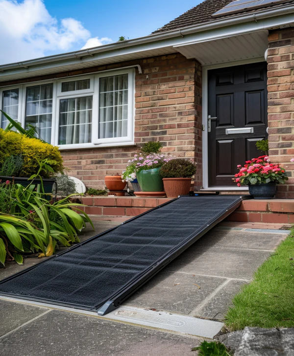 A black non-slip portable ramp placed over front door steps to improve access during an aging in place remodeling project.