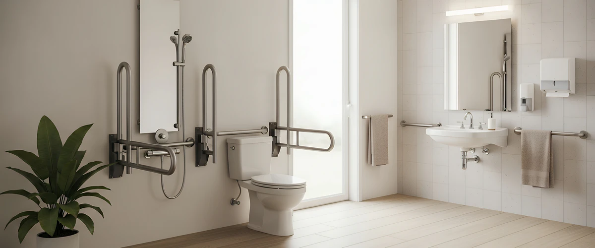 A clean white bathroom interior featuring wall-mounted safety grab bars around the toilet and sink to ensure full handicap accessiility and user safety.