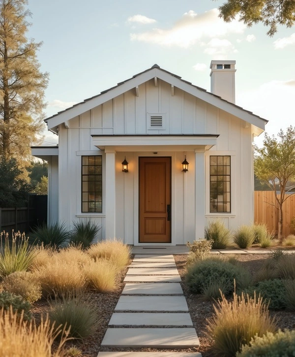 The front exterior of a white modern farmhouse style cottage with a stone walkway, highlighting professional in-law suite construction and landscaping.