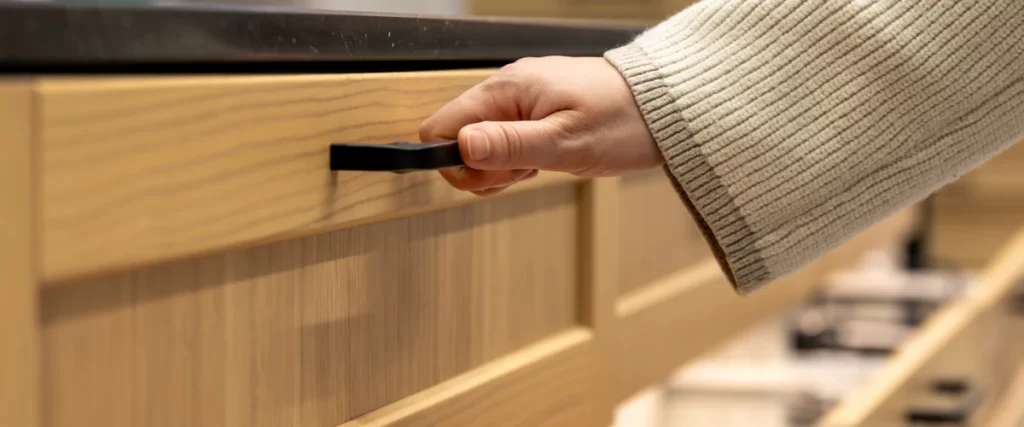 A person's hand pulling the black handle of a modern light-toned oak wood kitchen drawer with a dark countertop above.