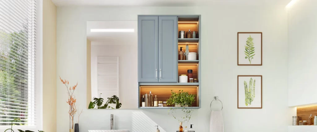 A stylish blue bathroom storage cabinet with back-lit shelving positioned next to a large mirror and two framed botanical leaf artwork prints.