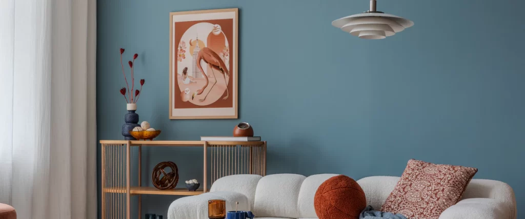 Cozy living room interior with a bold paint color in teal blue featuring a white sofa and flamingo wall art.