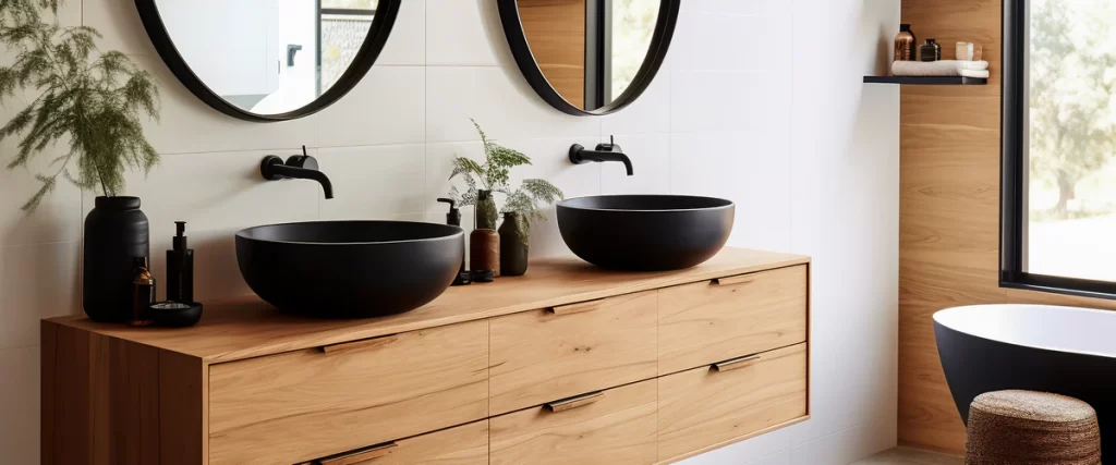 Close-up of a contemporary wood vanity equipped with two matte black vessel sinks and wall-mounted faucets for a functional dual sink setup.