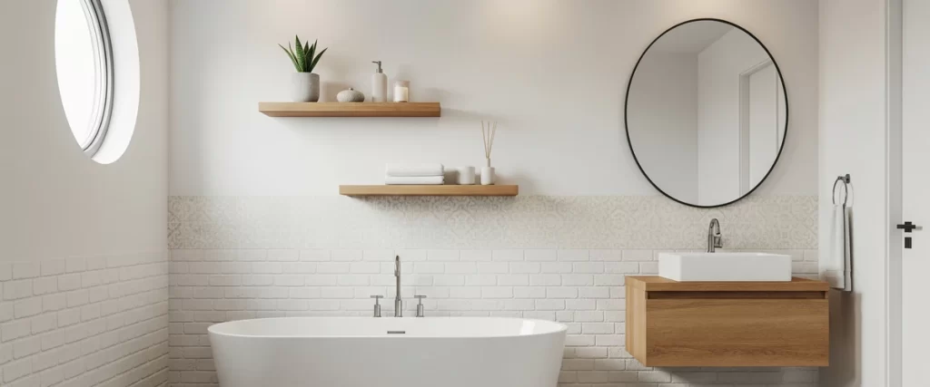 Two natural wood floating shelves installed on a white bathroom wall above a soaking tub, styled with a small plant, towels, and apothecary jars.