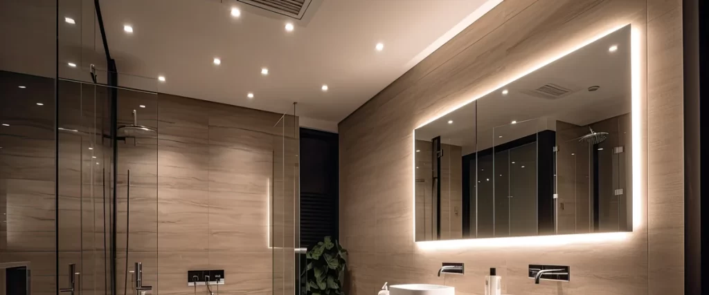 Luxury bathroom interior featuring a large backlit mirror and recessed ceiling spotlights providing adjustable led lighting with dimmers for a relaxing atmosphere.