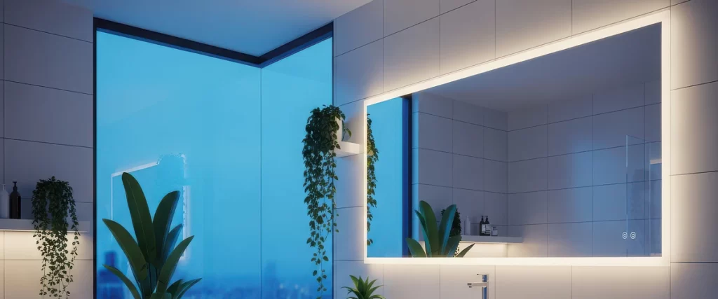 A sleek, rectangular large mirror with integrated LED perimeter lighting mounted on a white tiled wall in a modern bathroom featuring hanging green plants.