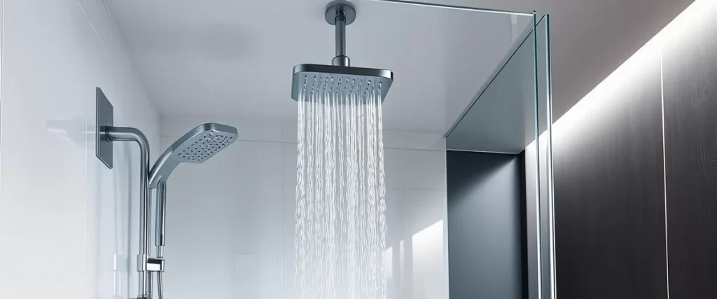 Close-up of a premium chrome rainfall showerhead mounted to the ceiling delivering a steady stream of water in a modern glass-enclosed shower.