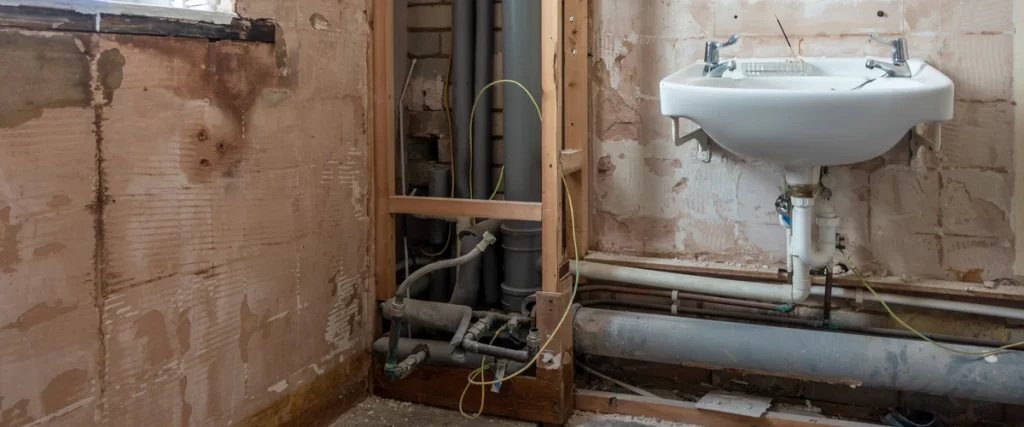 A bathroom mid-demolition showing exposed grey drainage pipes, copper lines, and electrical wiring, capturing the controlled chaos of the early renovation stage.