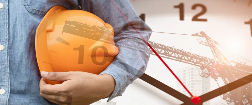 A double exposure image of a construction worker and a clock representing the scheduling and bathroom remodeling timeline.
