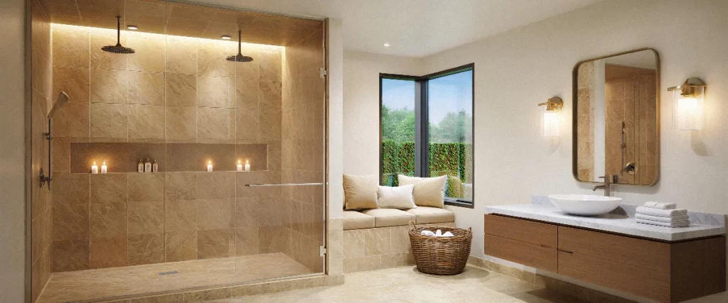 A luxurious wet room style bathroom featuring a spacious doorless shower with dual rain shower heads, tan tiles, a floating wooden vanity, and a window seat.