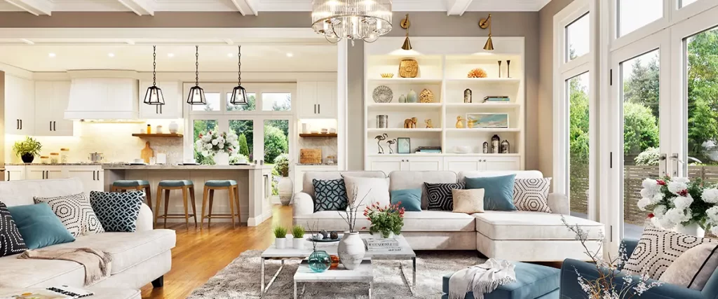Open concept home remodel featuring a custom kitchen, built-in shelving, and spacious living area.