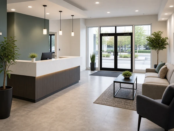 Finished commercial lobby remodel with reception desk seating and tile flooring