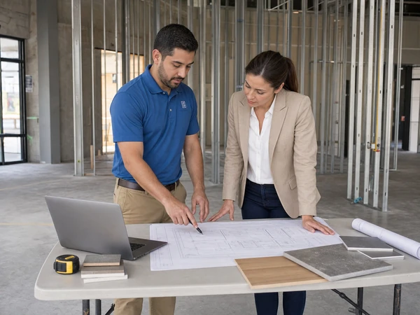 Commercial remodeling planning consultation over floor plans and finish samples