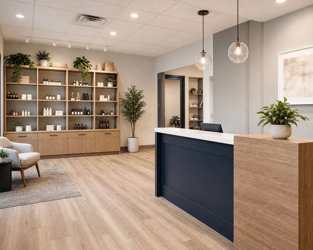 Remodeled small business interior with reception counter and built-in display shelving