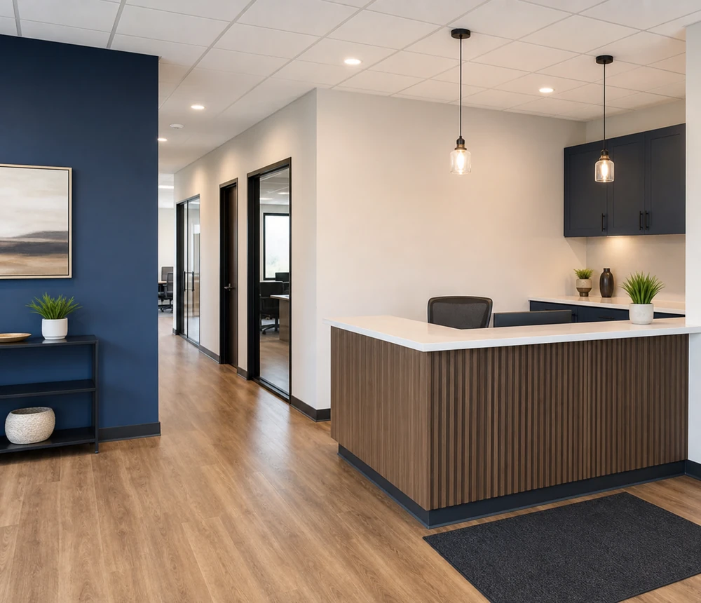 Remodeled commercial office lobby with reception desk and updated finishes