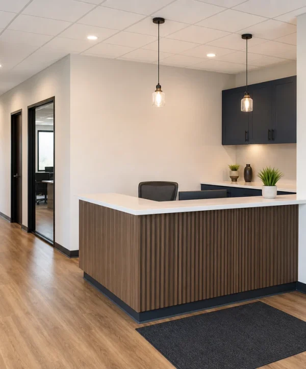 Remodeled commercial office lobby with reception desk and updated finishes