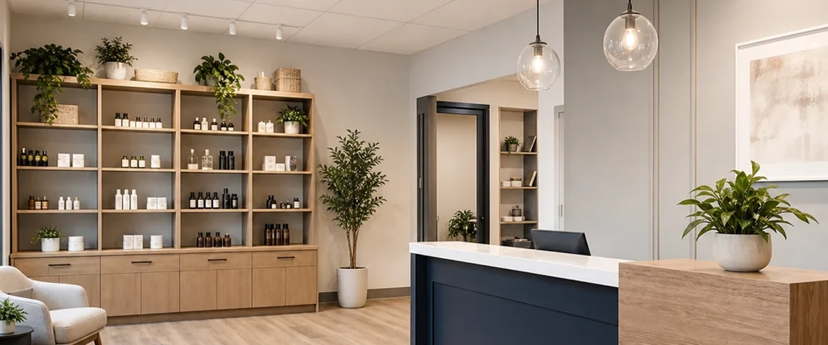 Remodeled small business interior with reception counter and display shelving