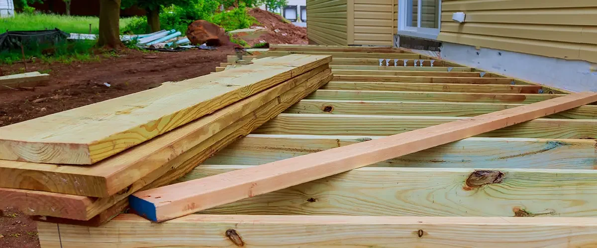 Lumber framing for a new deck under construction
