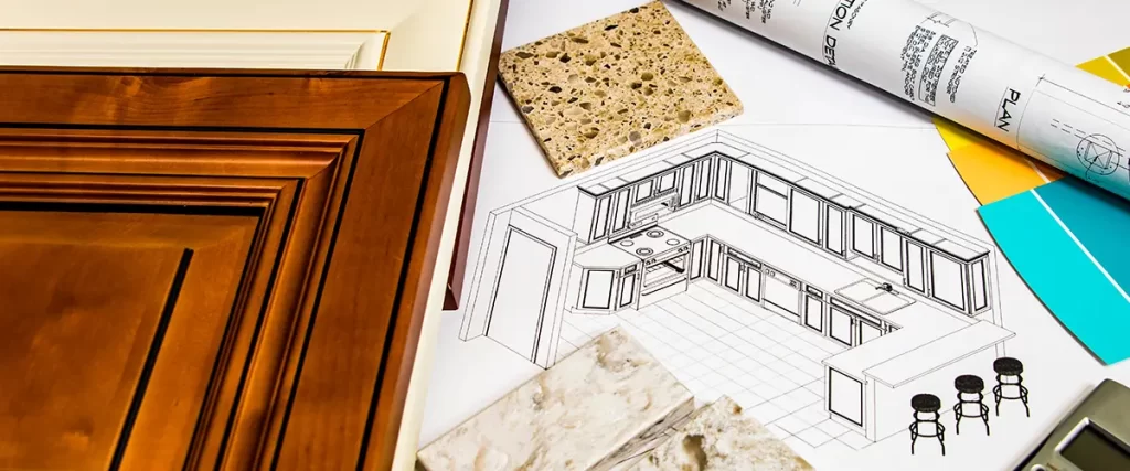 Kitchen remodeling design plans with cabinet samples, countertop materials, blueprints, and color selections
