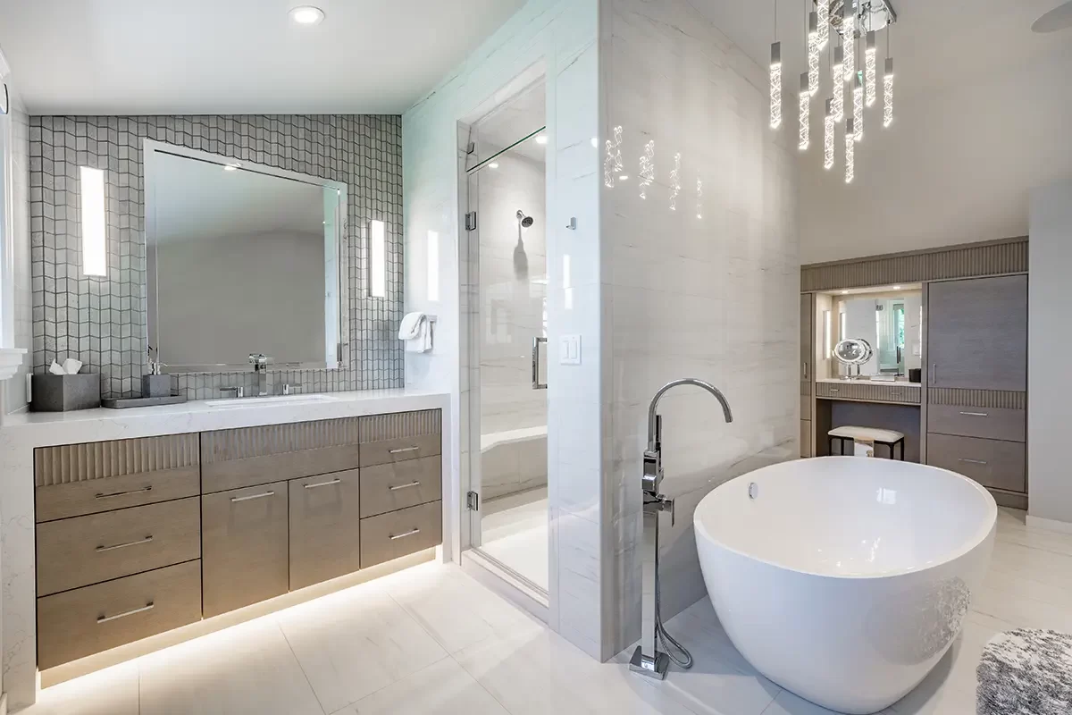 Luxury bathroom with walk-in shower and freestanding tub